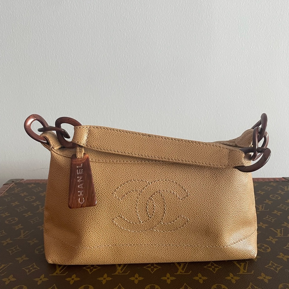 Vintage Chanel Caviar CC Wood Chain Hobo Beige